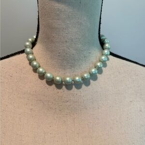 Vintage Fashion Necklace Beaded Green Faux Pearls Single Strand 16”